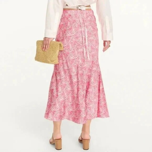 J Crew Satin Flare Slip Skirt Preppy Dandelion Swirl Antique White Pink - Picture 2 of 11